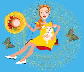 vector illustration with a little sweet girl with a little white dog and big summer hat decorated with poppy flowers swinging and butterflies flying around