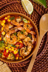 Tomato Soup With Shrimp, Broccoli and Corn. Selective focus.