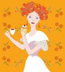 Vector illustration with a sweet pretty red hair girl with a cupcake and a cup of coffee in her hands