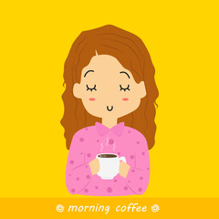flat vector illustration of a girl having morning coffee on yellow background