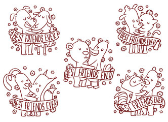 Vector set of line emblems with banners, with cartoon images of cute hugging animals: dog and sheep, dog and cat, bear and duck, bunny and fox, raccoon and bear on white background. Best friends ever.