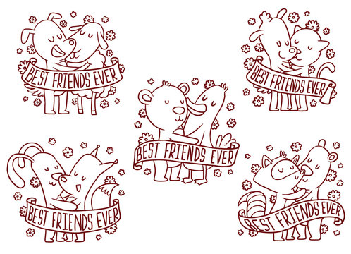 Vector set of line emblems with banners, with cartoon images of cute hugging animals: dog and sheep, dog and cat, bear and duck, bunny and fox, raccoon and bear on white background. Best friends ever.