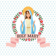 Holy mary woman girl cartoon religion saint icon. Pastel colored floral seal stamp with ribbon illustration. Pointed background. Vector graphic