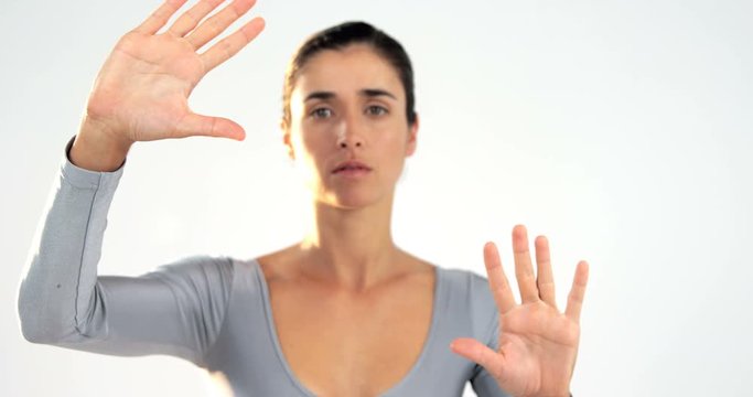 Beautiful woman gesturing on white background 4k