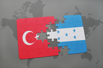 puzzle with the national flag of turkey and honduras on a world map