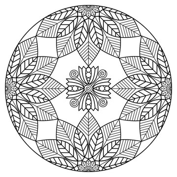 Black and white botanical mandala ornament. Vector illustration for coloring book pages. 