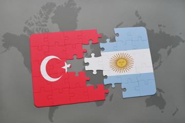 puzzle with the national flag of turkey and argentina on a world map