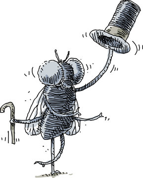 A cartoon bee doing a tap dance while holding a cane and a top hat.