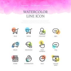 Shopping Watercolor Line Icon Set