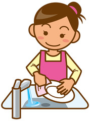 主婦　上半身　食器を洗うイメージイラスト