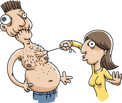 A cartoon woman plucks a long hair off of the chest of a man who grimaces in pain.