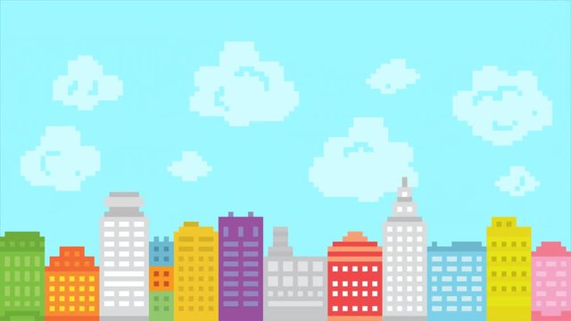 Pixel art style city with animated clouds. Retro game buildings location. HD