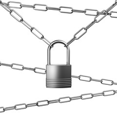 Metal Silver or Steel Chains and Padlock on White Background