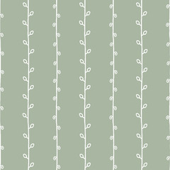 Seamless nature sketch vector pattern. White twigs on green background. Hand drawn texture illustration