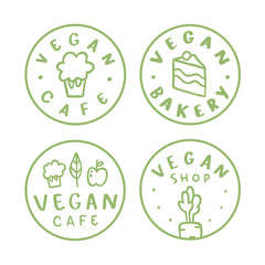 Vegan round badges. Vector linear hand drawn labels.