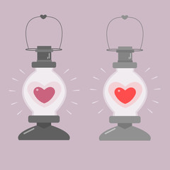 Obraz premium illustration of a lamp or lantern inside that glows symbol love - heart in two forms and different colors on a purple background