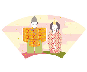 日本のひな祭りの立ち雛扇面背景ベクターイラスト