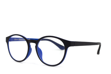 Thick black glasses on white background