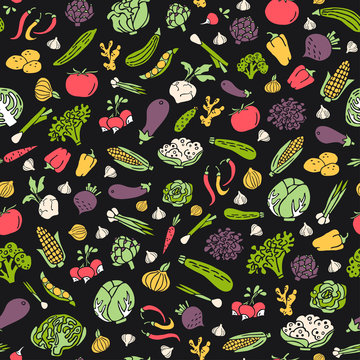 Hand drawn vegetables vector seamless pattern in flat style
