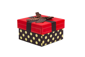 Gift box with red cap and ribbon, isolated on white background.