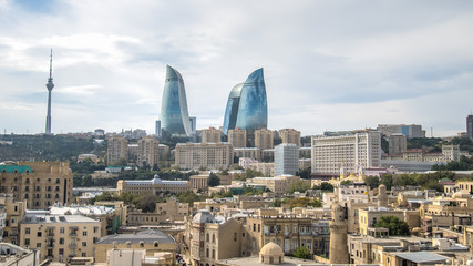 Baku, Azerbaijan - October 18, 2014: Flame towers in Baku cityscape
