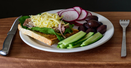 healthy breakfast, toast with meat and vegetables