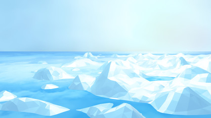 Obraz premium 3d rendering picture of Arctic sea ice. Low poly icebergs against beautiful pastel color sky.