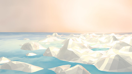 3d rendering picture of Arctic sea ice. Low poly icebergs against beautiful pastel color sky.