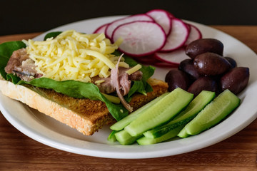 healthy breakfast, toast with meat and vegetables