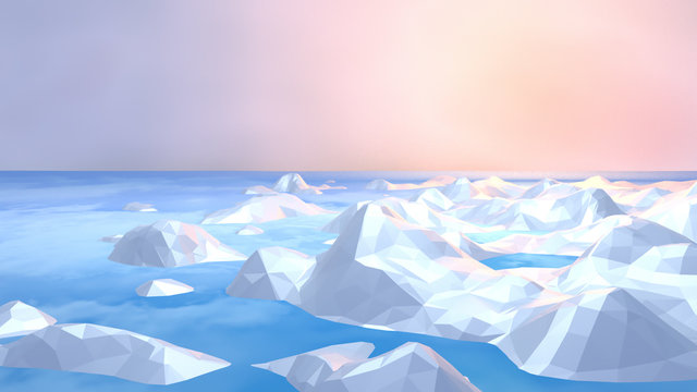 3d rendering picture of Arctic sea ice. Low poly icebergs against beautiful pastel color sky.