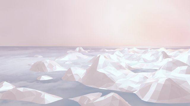 3d rendering picture of Arctic sea ice. Low poly icebergs against beautiful pastel color sky. Vintage photo filter.