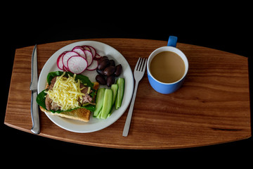 healthy breakfast, toast with meat and vegetables