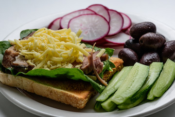 healthy breakfast, toast with meat and vegetables
