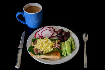 healthy breakfast, toast with meat and vegetables