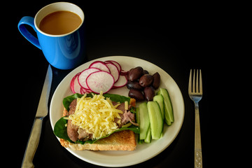 healthy breakfast, toast with meat and vegetables