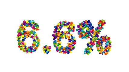 3D digits six point six percent made of shiny colorful marbles over white background