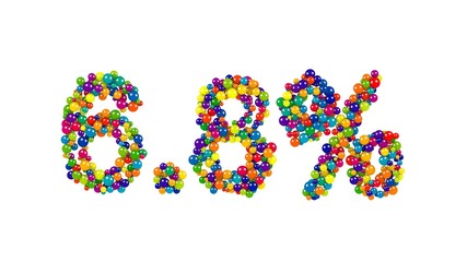 The six point eight percent sign made of colored 3D marbles isolated on white background