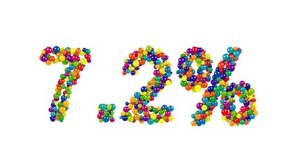Colored digits seven point two with percent sign made of 3D marbles over white background