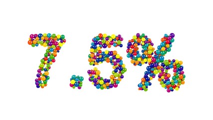 Seven point five percent - the sign made of colorful 3D marbles isolated on white background