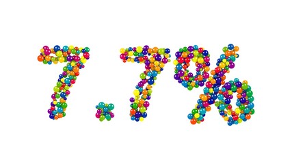 The seven point seven percent funny digits made of glossy colorful marbles isolated over white background