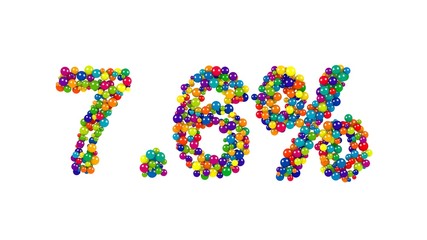 Digits seven point six percent made of shiny little colorful marbles located over white background