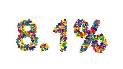 Funny colored glossy marbles form eight point one percent 3D sign isolated on white background