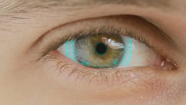 Close-up of eye with computer data and text overlayed. Zoom in centr. charts