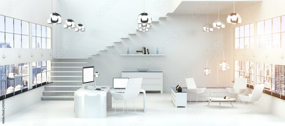 Poster modern white office interior with computer and devices 3d render