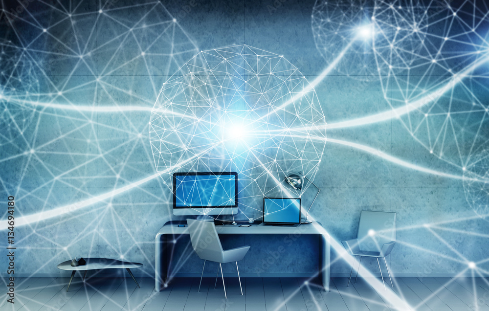 Poster Workplace with modern devices and hologram screens 3D rendering