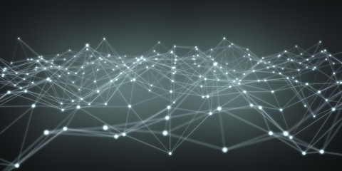 Floating white and blue dot network 3D rendering