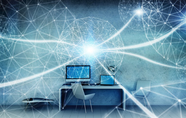 Workplace with modern devices and hologram screens 3D rendering