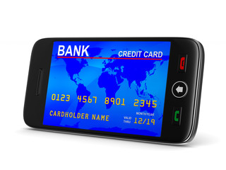 phone and credit card on white background. Isolated 3D image