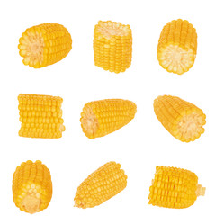 Group of half sweet corn isolated on white background