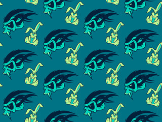 Background for gift wrapping. Vector skull on a blue background alternates with teddy hare, rabbit. A heart. Seamless vector for young people. Printing on paper, textiles, clothing. Wallpaper. texture